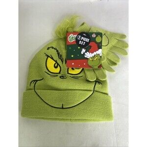 The Grinch Green Youth Kids Boys Girls Beanie Hat Cap With Gloves Set OSFM